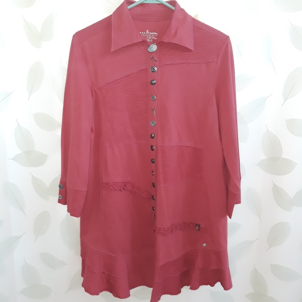Neon Buddha Red Ruffle Button Up Tunic